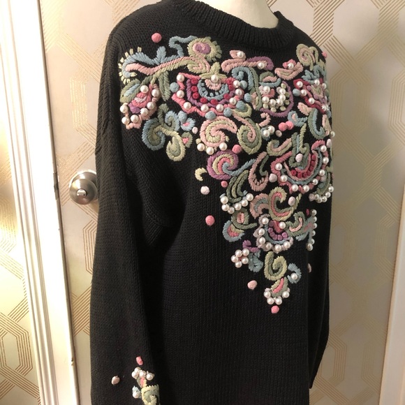Vintage 80s BOAZ Black/Pastel Embroidered W/Pearls Sweater Ramie Cotton - Picture 7 of 7